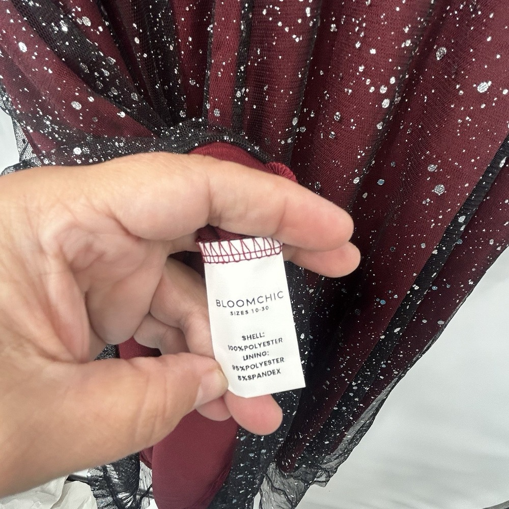 NWT BloomChic 18/20 Burgundy Glitter Mesh Midi Dress Surplice Long Sleeve Belt - Picture 8 of 9